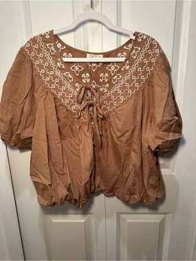 FESTI Peasant Blouse with Embroidered Yoke - Brown -Size 1 Cottage Core